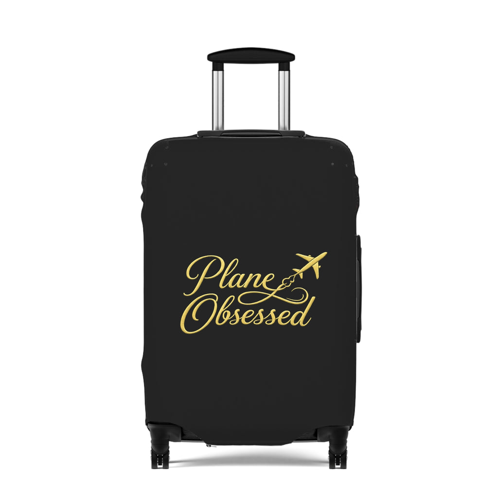 Luggage Cover — 'Plane Obsessed' Gold Script Travel Suitcase Protector