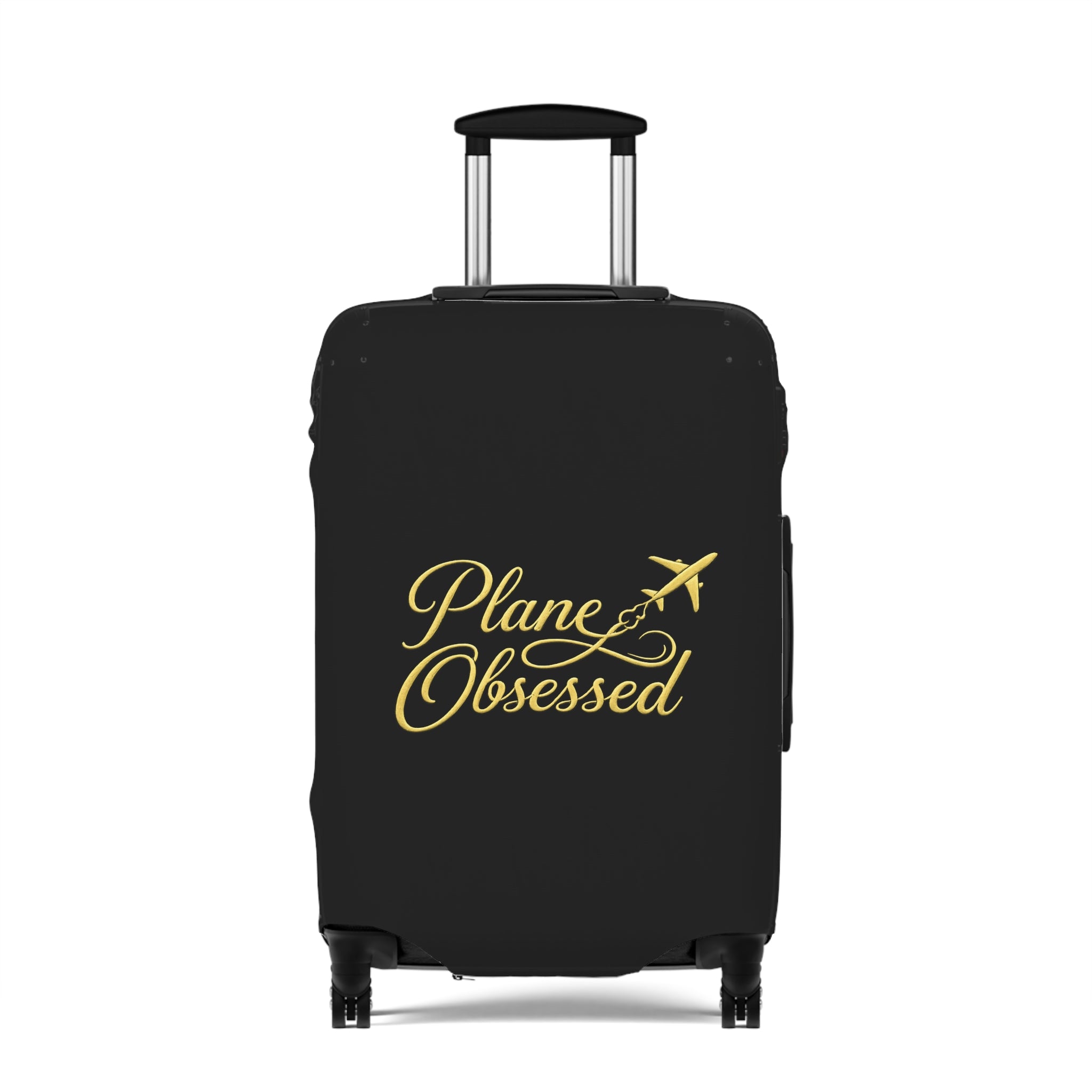 Luggage Cover — 'Plane Obsessed' Gold Script Travel Suitcase Protector