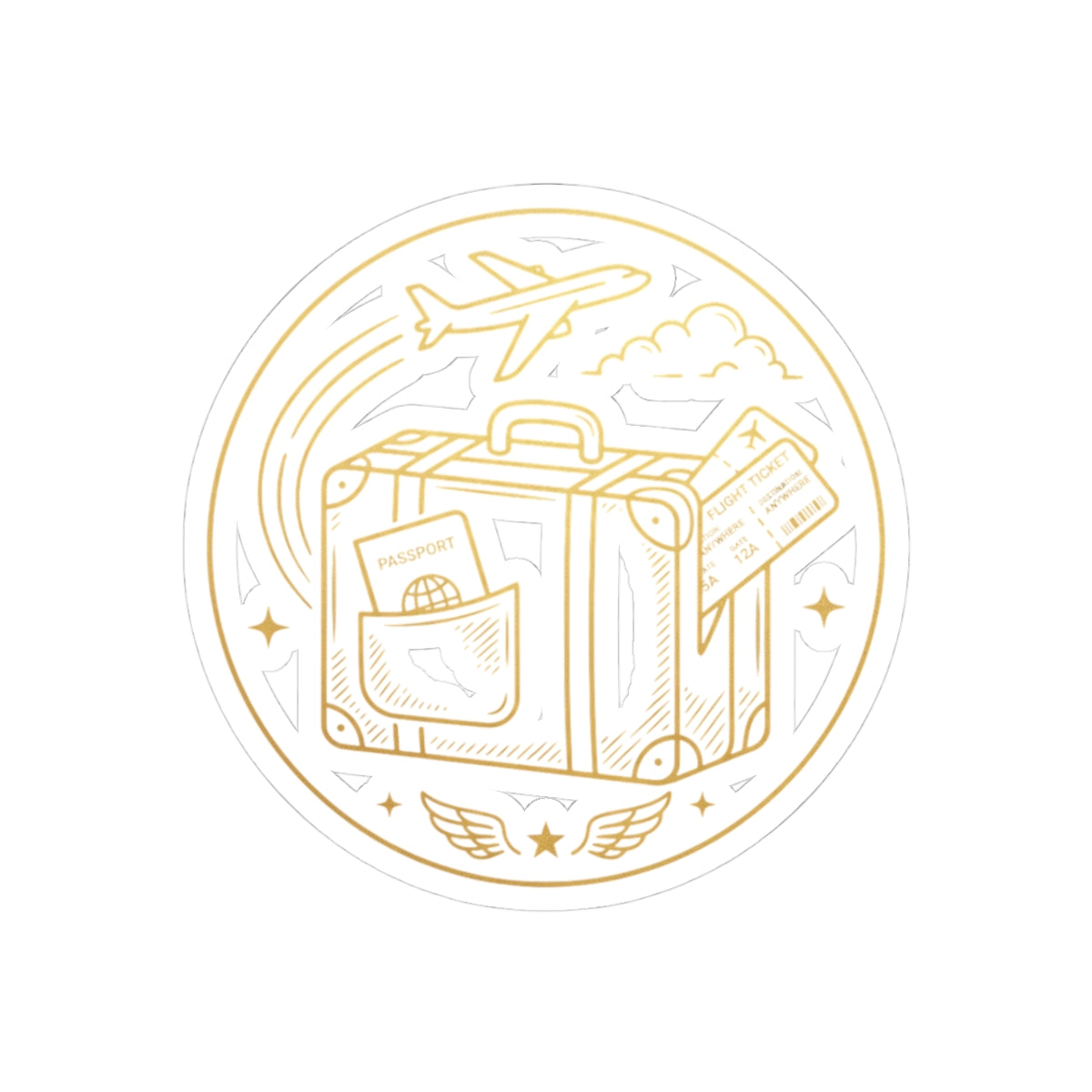 Travel Badge Kiss-Cut Sticker — Luggage, Passport & Plane Illustration