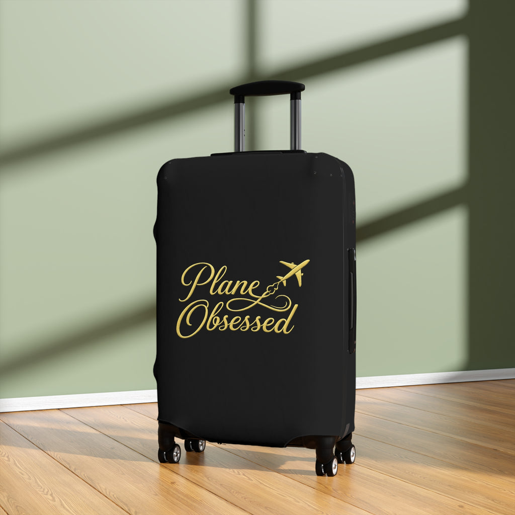 Luggage Cover — 'Plane Obsessed' Gold Script Travel Suitcase Protector