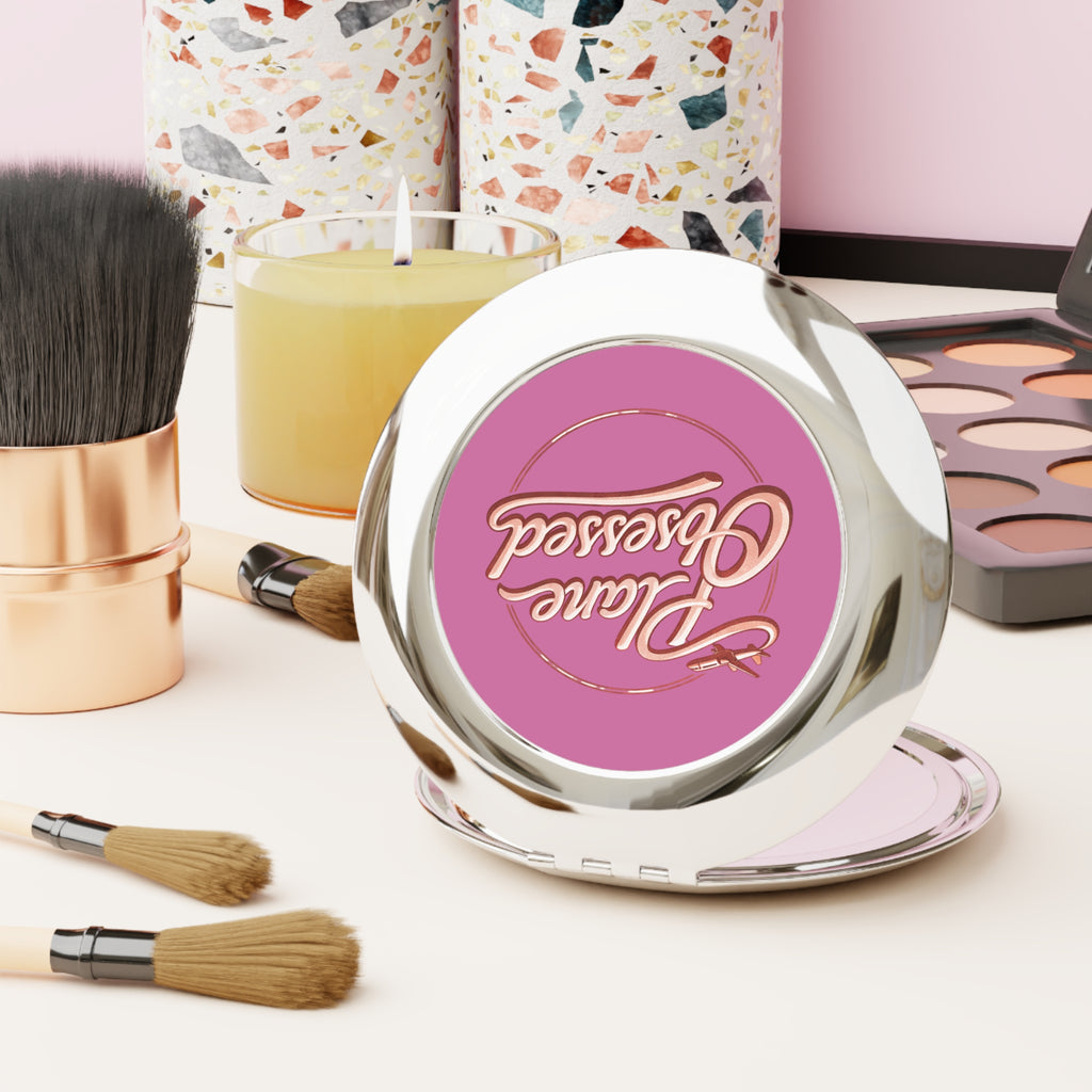 Compact Travel Mirror — "Plane Obsessed" Pink Airline-Inspired Pocket Mirror for Frequent Flyers & Travel Lovers