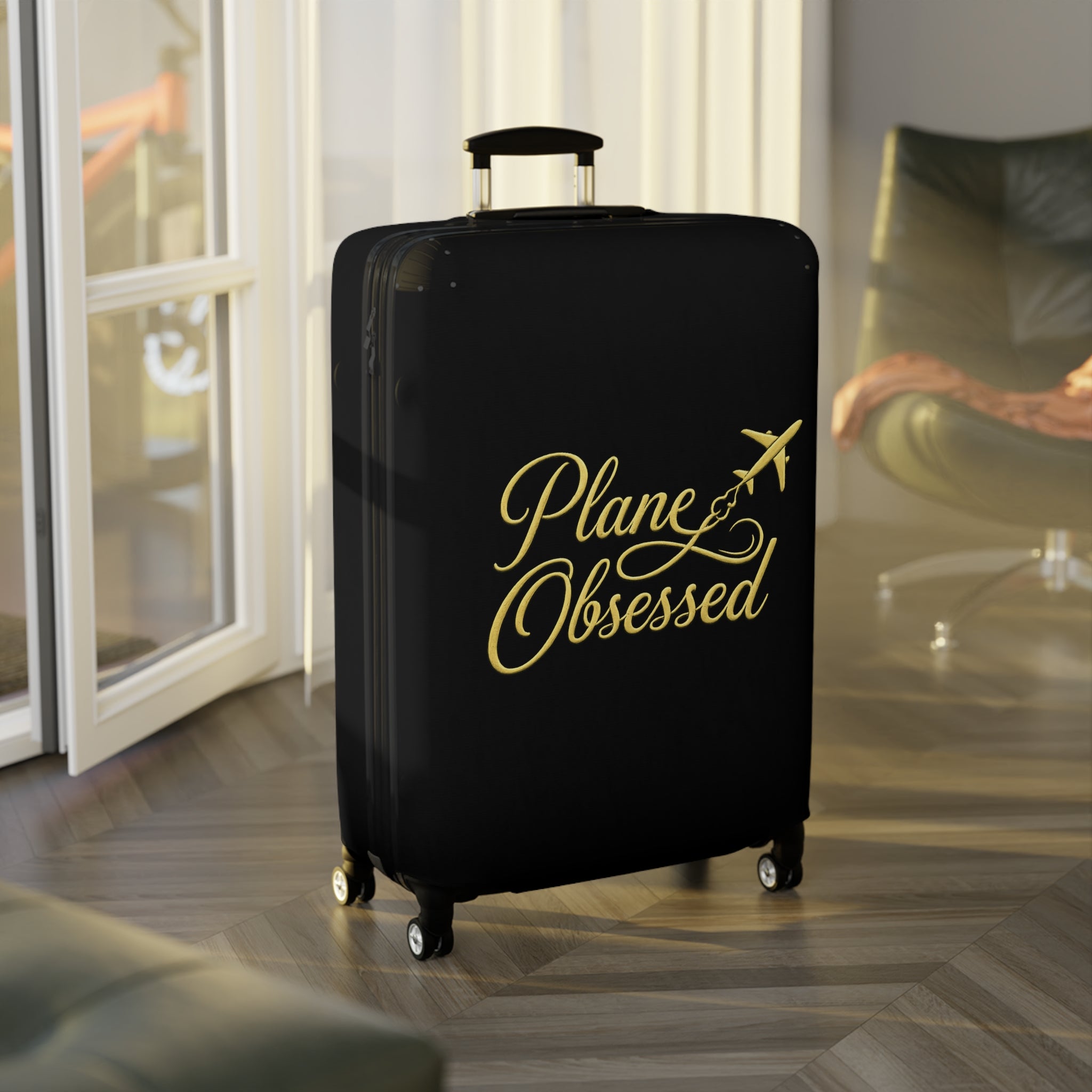 Luggage Cover — 'Plane Obsessed' Gold Script Travel Suitcase Protector