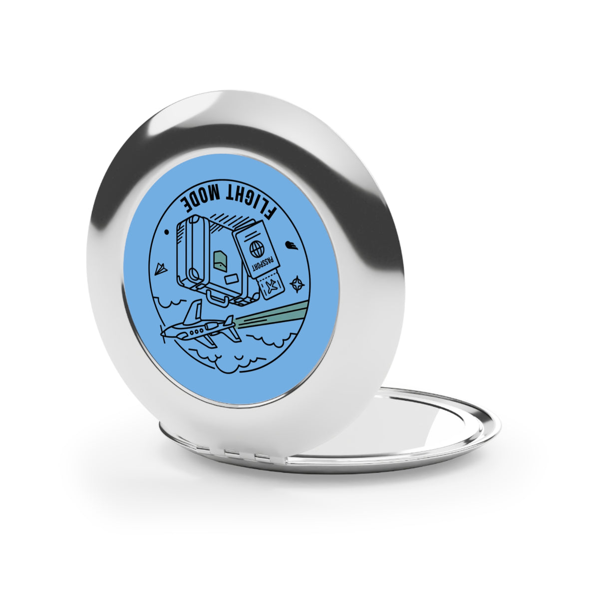 Compact Travel Mirror — "Flight Mode" Round Pocket Mirror (Passport & Luggage Design)