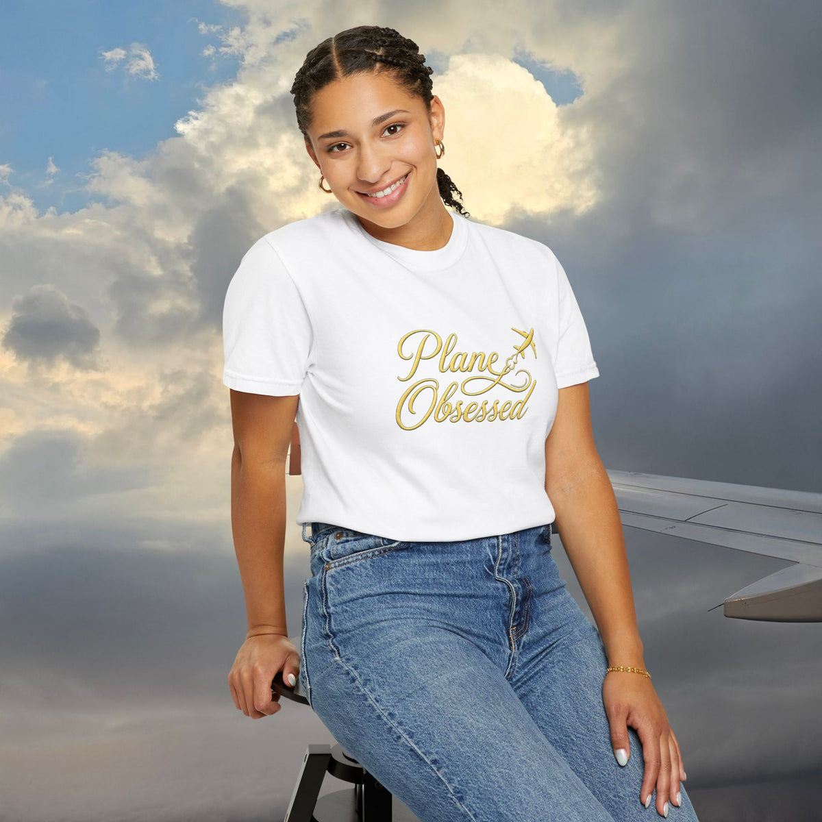 Plane Obsessed T-Shirt — Gold Script Travel Tee