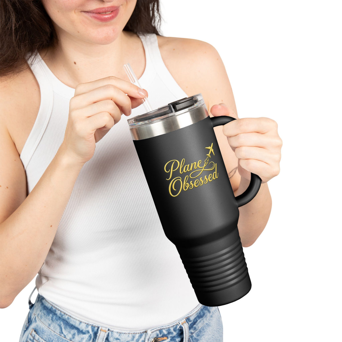 40oz Insulated Travel Mug – 'Plane Obsessed' Retro Aviation Graphic