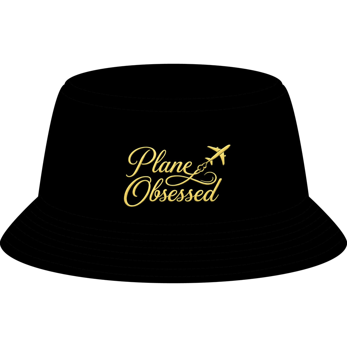 Plane Obsessed Bucket Hat — Women's Travel Bucket Hat with Gold Airplane Script