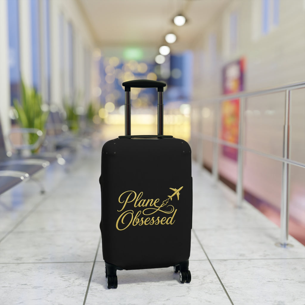 Luggage Cover — 'Plane Obsessed' Gold Script Travel Suitcase Protector