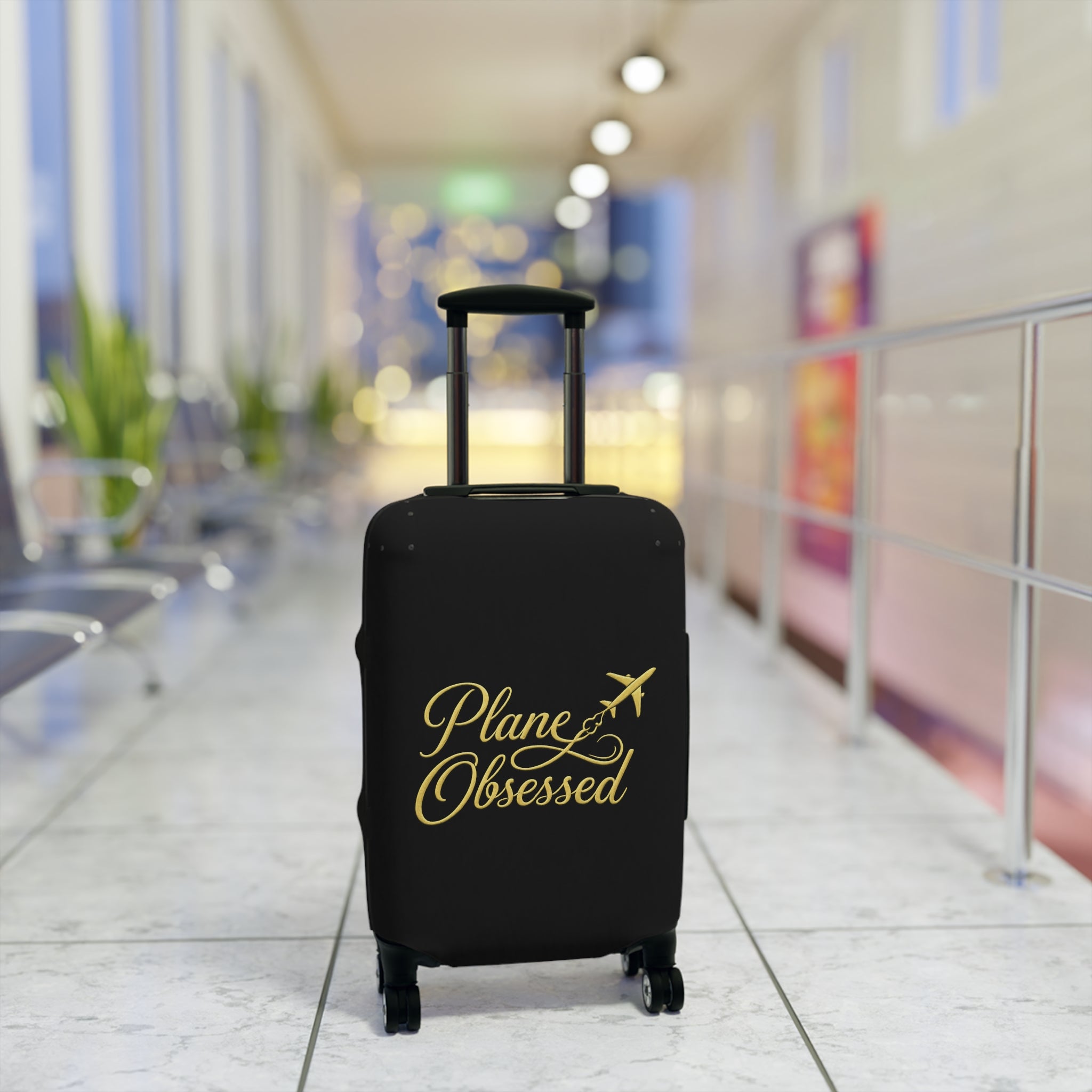 Luggage Cover — 'Plane Obsessed' Gold Script Travel Suitcase Protector
