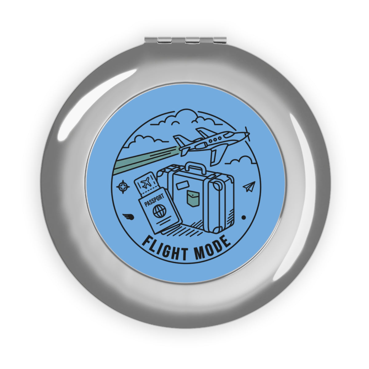 Compact Travel Mirror — "Flight Mode" Round Pocket Mirror (Passport & Luggage Design)