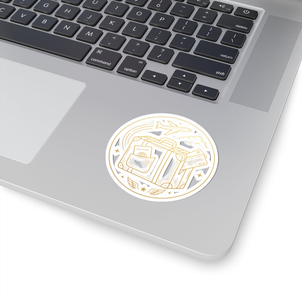 Travel Badge Kiss-Cut Sticker — Luggage, Passport & Plane Illustration