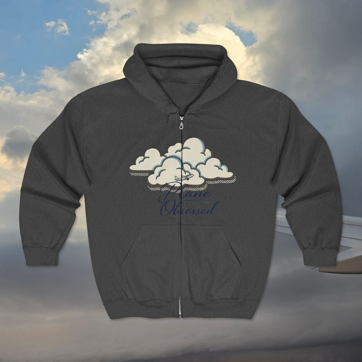Plane Obsessed Zip Hoodie — Travel Graphic Full-Zip Sweatshirt